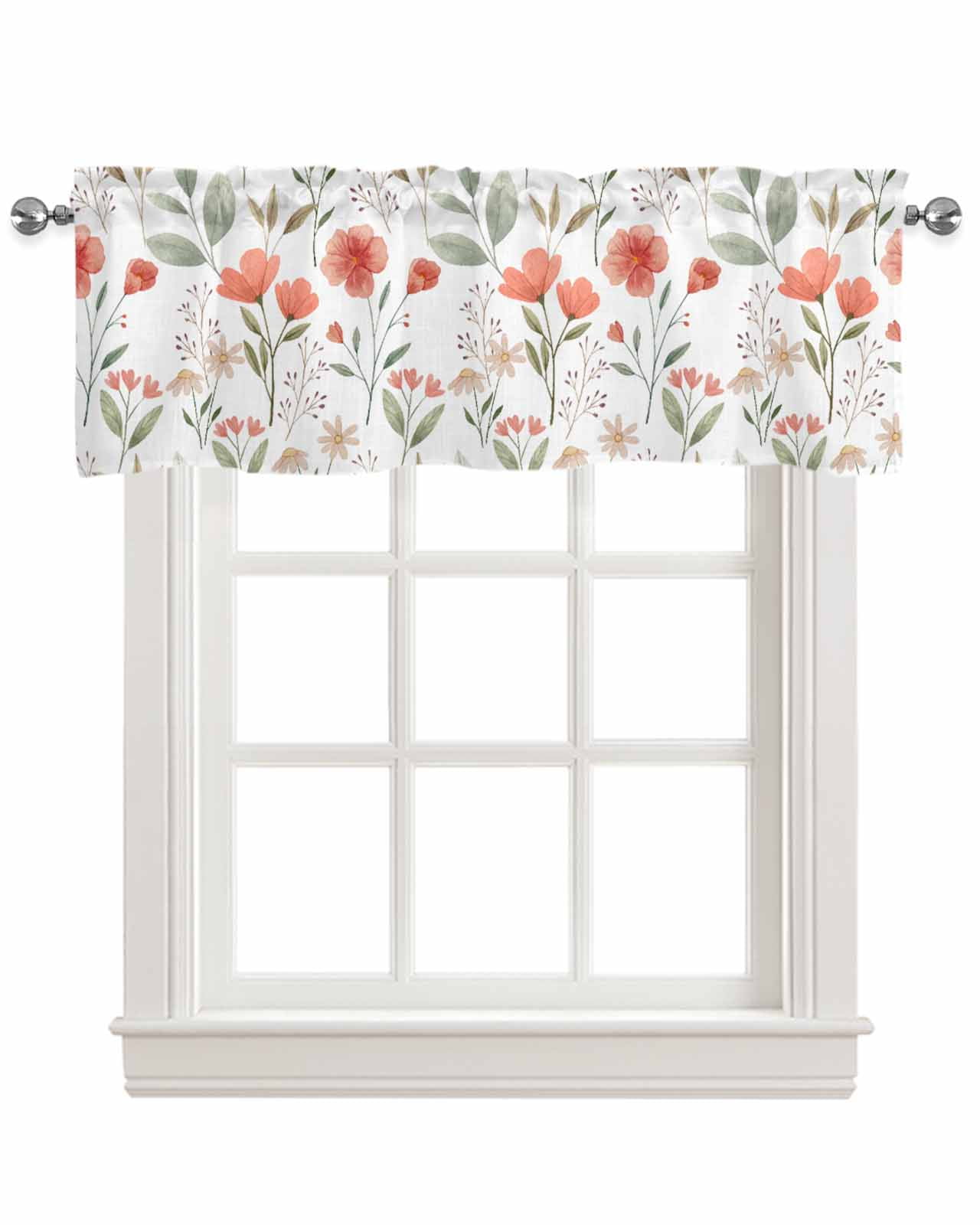 Botanical Flower Linen Curtain Valance for Bedroom/Bathroom/Kitchen/Office/Living/Dining Room Windows,Watercolor Floral Leaves Rod Pocket Topper Drapes Decorative Cafe Drapery Panel 54x18