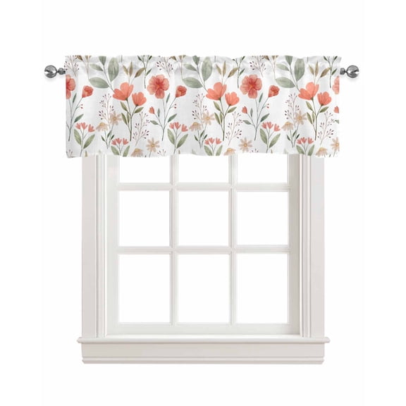 Botanical Flower Linen Curtain Valance for Bedroom/Bathroom/Kitchen/Office/Living/Dining Room Windows,Watercolor Floral Leaves Rod Pocket Topper Drapes Decorative Cafe Drapery Panel 60x18