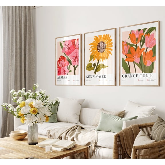 Botanical Flower Market Color Block Prints Mid Century Modern Office Wall Art Flower Market Print Gallery Wall Set Set 3