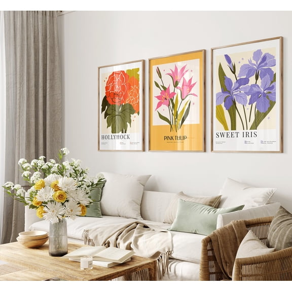 Botanical Flower Market Color Block Prints Mid Century Modern Office Wall Art Flower Market Print Gallery Wall Set Set 3