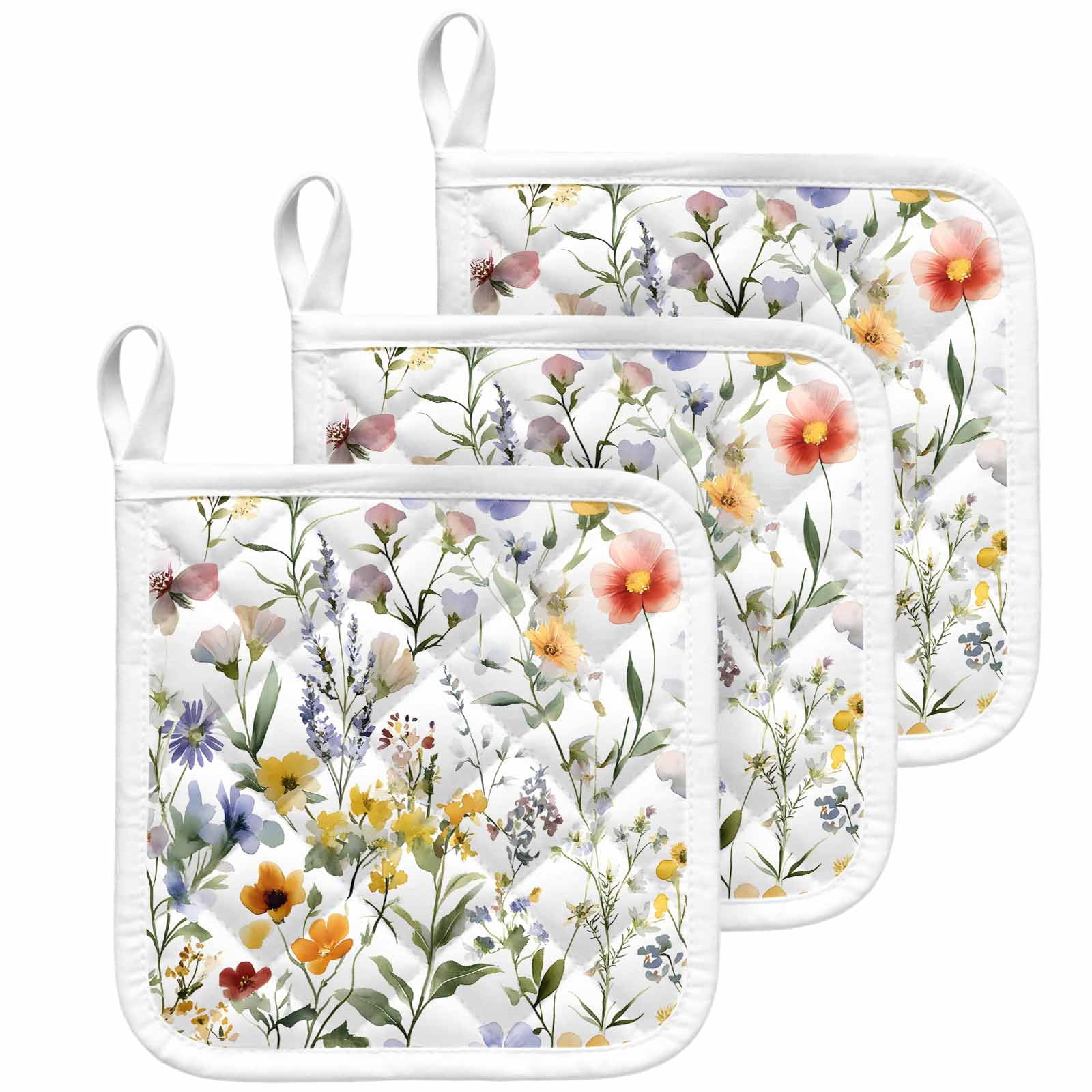 Botanical Flower Pot Holders for Kitchen Heatproof Potholder, 3 Pack Watercolor Retro Spring Farm Leaf Hot Pads Multipurpose Oven Pads Cloth Potholders Trivet for Cooking Baking