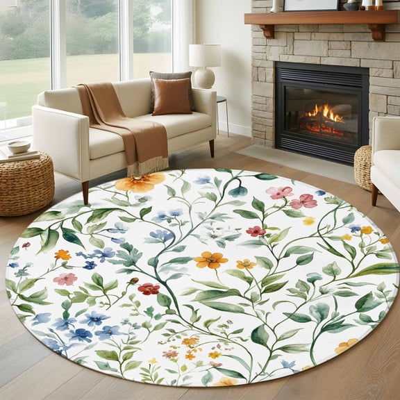 Botanical Flower Round Area Rug 5 FT, Non Slip Bedroom Rugs, Plant Tree Branch Floral Spring Leaf Washable Soft Circular Carpet Non-Shedding Floor Mat for Kitchen Dining Room Foyer Balcony Dorm