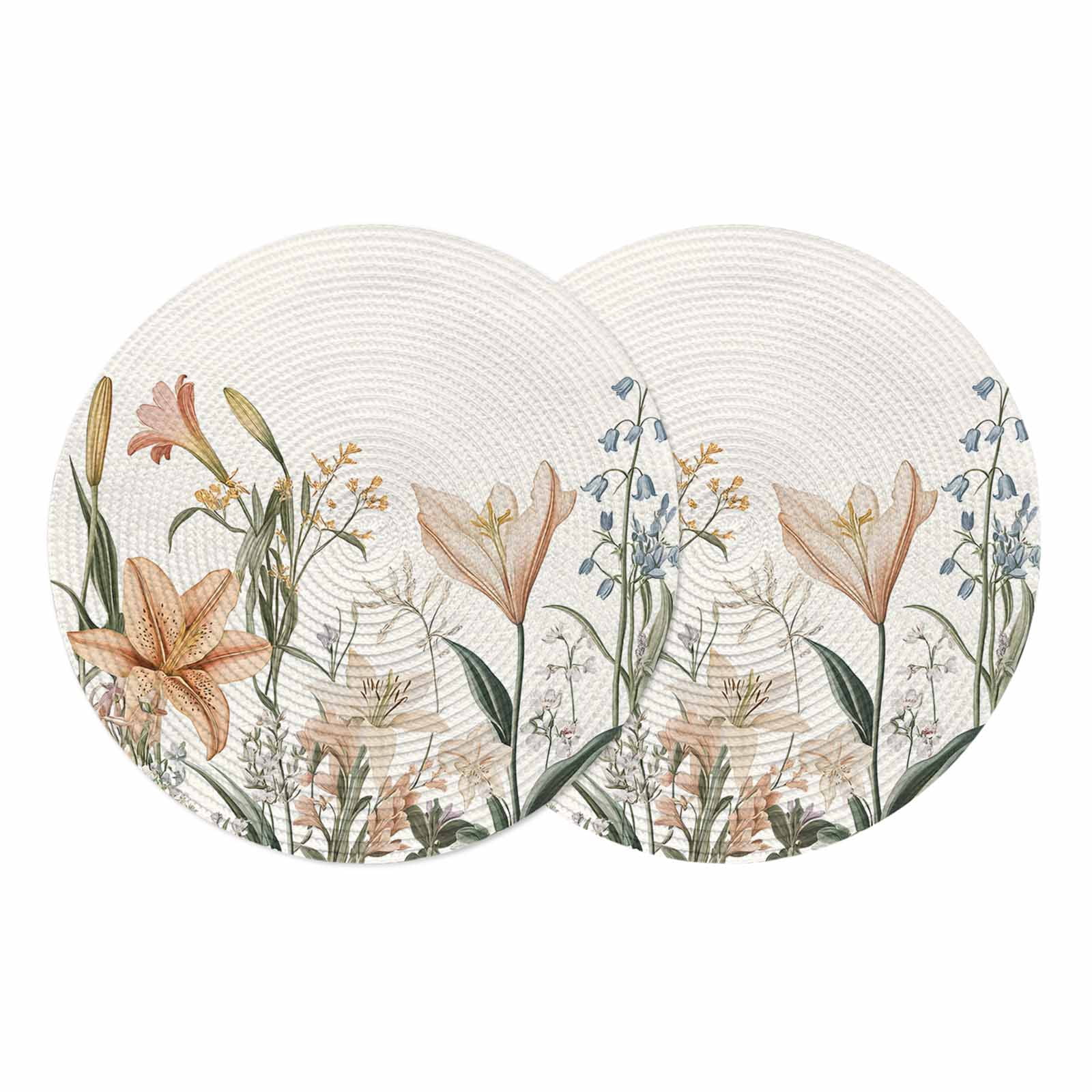 Botanical Flower Round Placemats Set of 2 Spring Watercolor Blooms Leaf ...