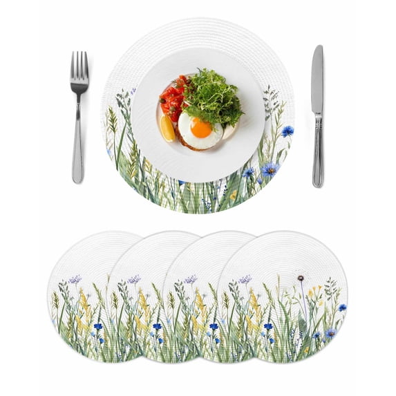 Botanical Flower Round Placemats Set of 4 for Dinning Tables,Heat-proof Braided Table Mats 15 Inch,Watercolor Colorful Floral Herbs Plants Washable Place Mat for Kitchen Restaurant Party Table Decor