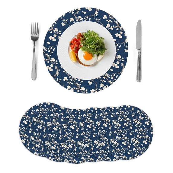 Botanical Flower Round Placemats Set of 6 for Dinning Tables,Heat-proof Braided Table Mats 13 Inch,Vintage Garden Floral Wildflower Blue Washable Place Mat for Kitchen Restaurant Party Table Decor