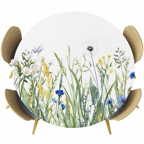 Botanical Flower Round Tablecloth 55-60 Inch Round Fitted Table Cloth with Elastic Edge, Watercolor Colorful Floral Herbs Plants Waterproof Table Cover Protector for Outdoor Picnic Party Dining