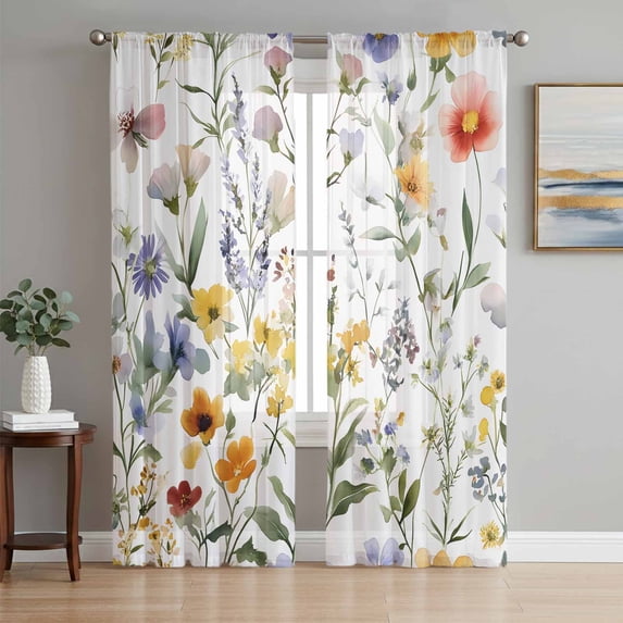 Botanical Flower Sheer Curtains 96 Inches Long 2 Panels Set, Window ...