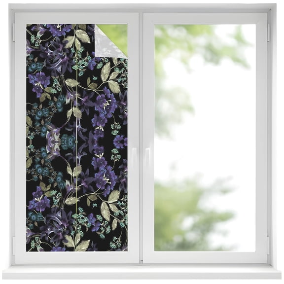 Botanical Flower Window Privacy Film 17.7x39.3in Purple Flower Symmetrical Texture Decorative Window Film with Static Cling, UV Filtering Window Cling Privacy Film for Glass Doors and Windows