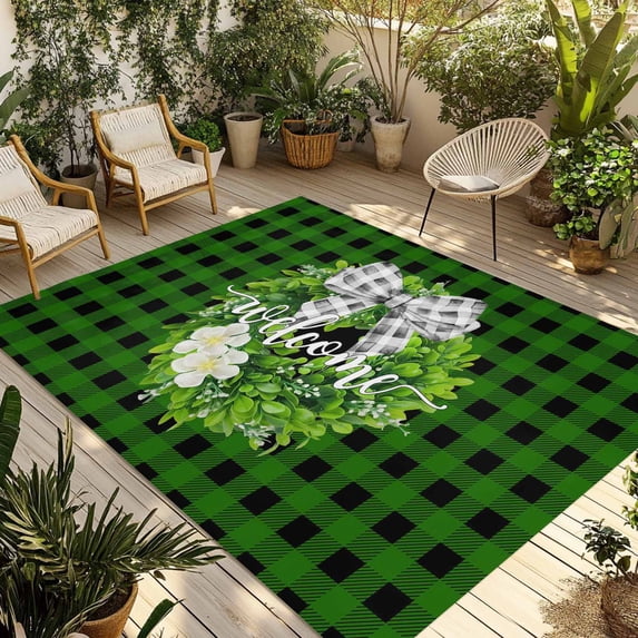 Botanical Flower Wreath Outdoor Rug for Patio/Deck/Porch, Non-Slip Large Area Rug 6 x 9 Ft, Rustic Bow-Knot Green Black Plaid Indoor Outdoor Rugs Washable Area Rugs, Camping Rug Carpet Runner