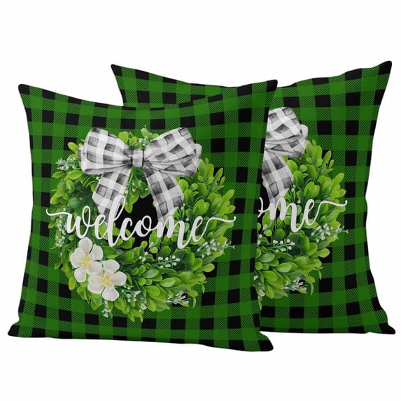 Botanical Flower Wreath Outdoor Waterproof Pillow Covers, Rustic Bow-Knot Green Black Plaid Decorative Square Throw Pillowcase Sofa Cushion Sham for Patio/Couch/Chair, 16"x16" 2 Pack