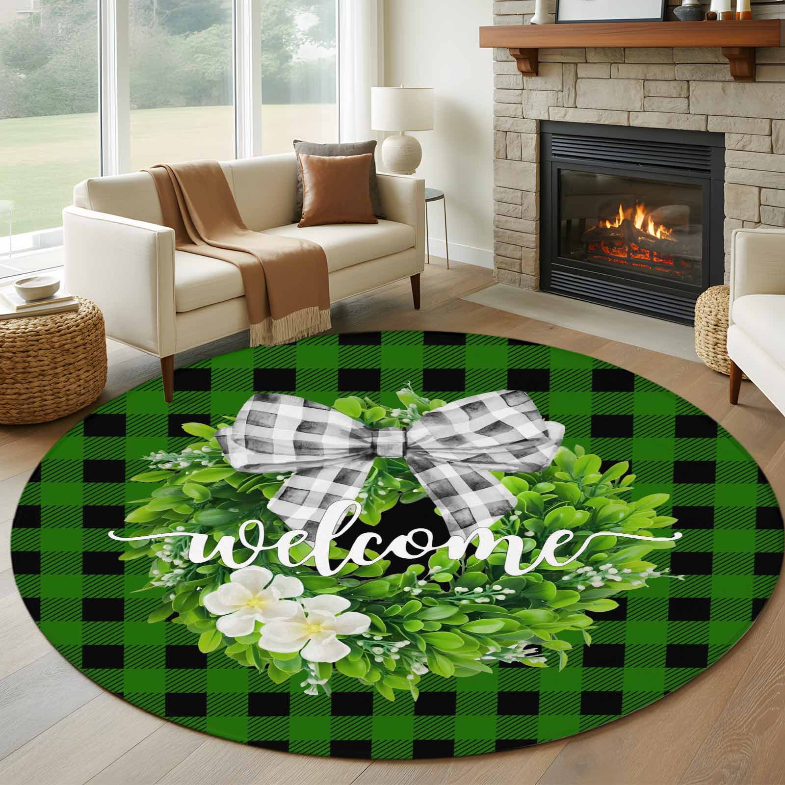 Botanical Flower Wreath Round Rug 5ft Washable Circle Kitchen Rugs Non ...