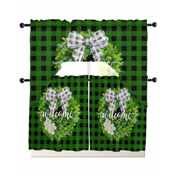 Botanical Flower Wreath Swag Curtains for Living Room/Bedroom Windows, Rustic Bow-Knot Green Black Plaid Kitchen Curtains and Valances Set 36 Inch Length, Light Filtering Swags Valance Curtain Panels