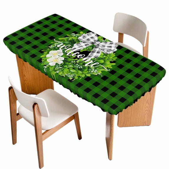 Botanical Flower Wreath Table Cloths for 4 Foot Rectangle Tables, Rustic Bow-Knot Green Black Plaid Patio Waterproof Elastic Fitted Tablecloths, Washable Rectangular Table Cover for Camping