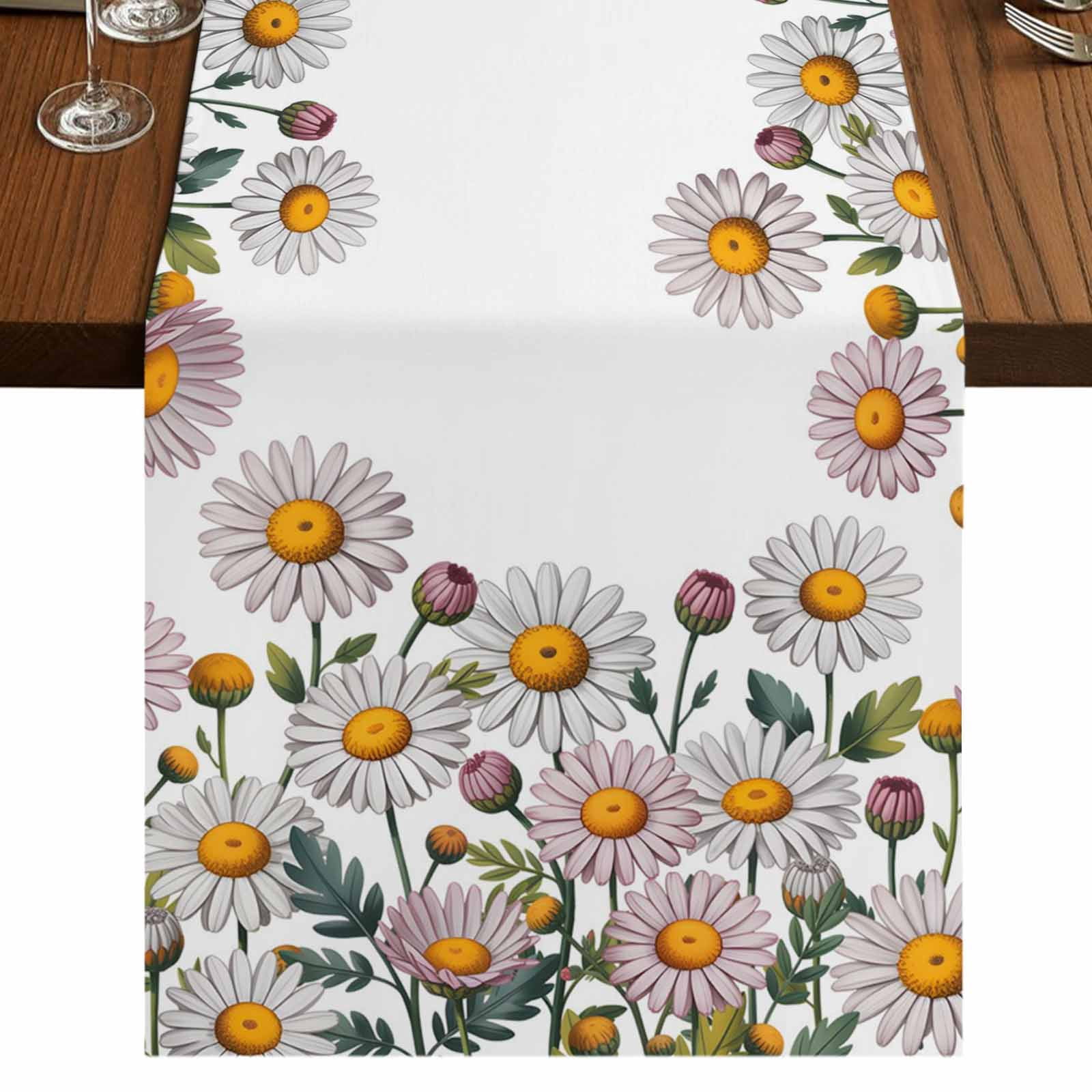 Botanical Flowers 90 Inch Table Runner, Watercolor Farmhouse Daisy ...