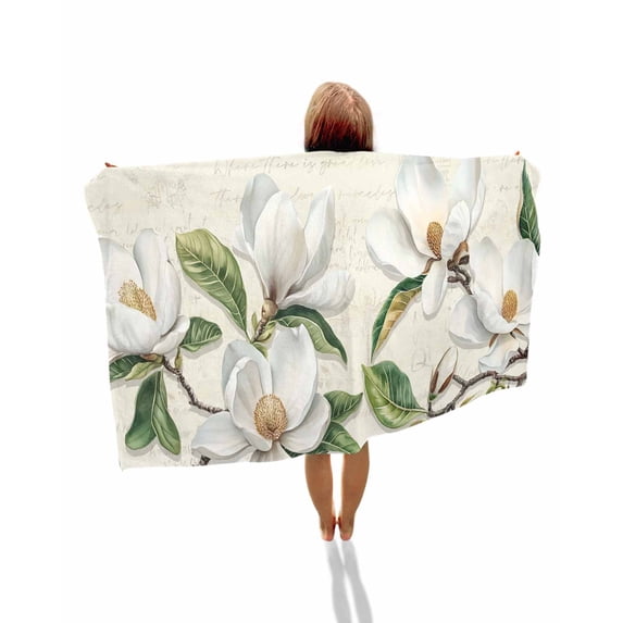 Botanical Flowers Beach Towels Oversized Super Absorbent, Vintage Rustic White Floral Leaves Lightweight Bath Towel Quick Dry Sets For Bathroom/Pool/Rv Camping/Beach Play/Gym Room/Picnic 31"x62"