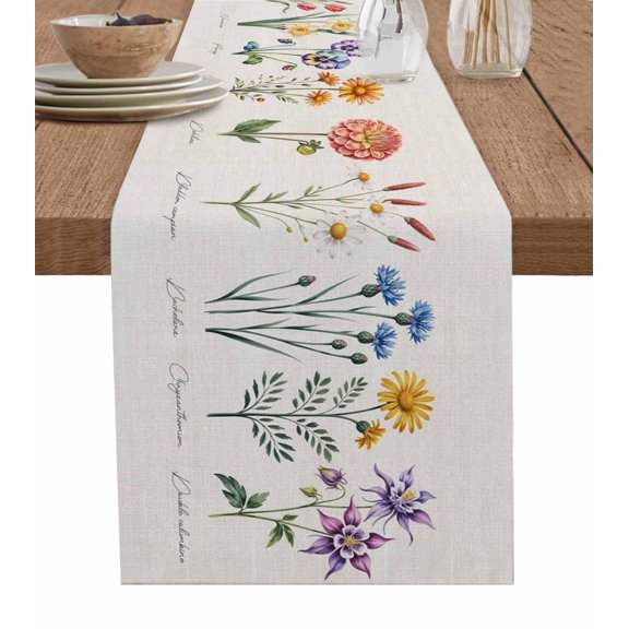 Botanical Flowers Burlap Cotton Table Runner 13x48 Inches Long, Country Colorful Floral Illustration Farmhouse Table Runners, Outdoor Dining Tablecloths Decor for Baby Shower/Party/Wedding