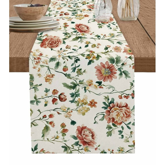 Botanical Flowers Burlap Cotton Table Runner 16x72 Inches Long, Vintage Country Pastoral Floral Vines Farmhouse Table Runners, Outdoor Dining Tablecloths Decor for Baby Shower/Party/Wedding