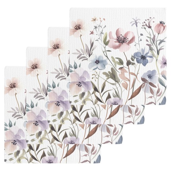Botanical Flowers Dish Towels Set, Waffle Weave Kitchen Towels 4 Pieces, Watercolor Farmhouse Floral Herbs Microfiber Hair Face Bath Tea Towel Absorbent Quick Drying Cleaning Dish Cloths, 12"x12"