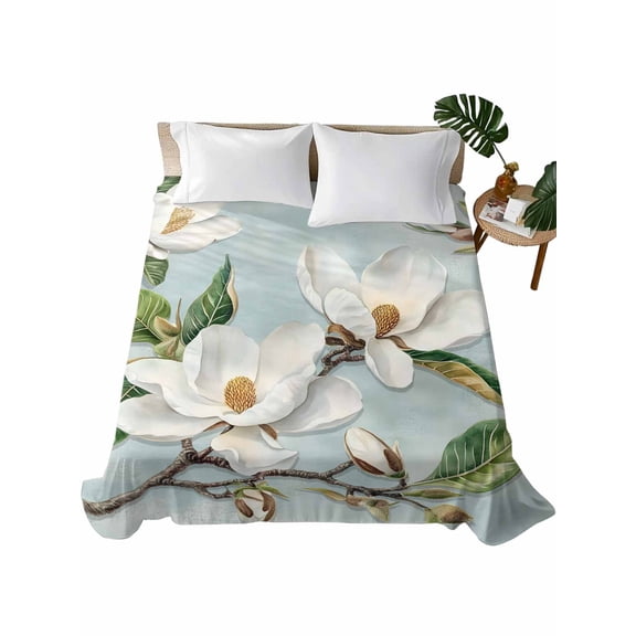 Botanical Flowers Flat Sheet Only Twin Size, Soft Breathable Bed Top Sheets for Mattress, Country Magnolia Leaves Branches Luxury Bedding Flat Sheets for Home Hotel Bedroom Bed Protection