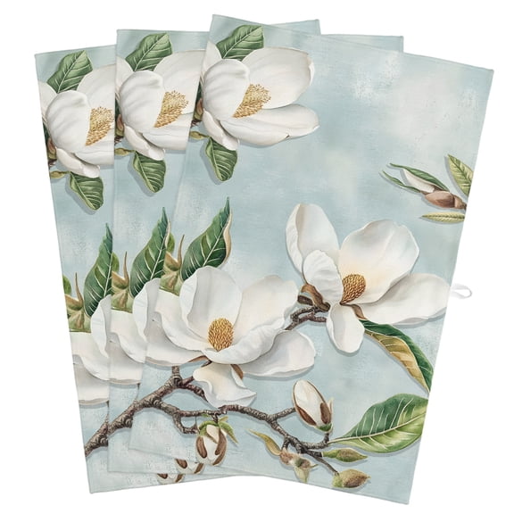 Botanical Flowers Kitchen Towels, Absorbent Microfiber Kitchen Dish Hand Tea Bath Towel, Country Magnolia Leaves Branches Quick Dry Cleaning Cloth Dishclothes Decorative Sets, (3-PC, 18x28)