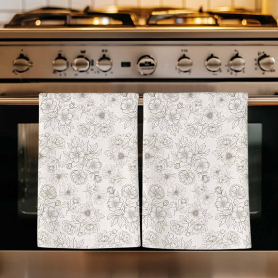Botanical Flowers Kitchen Towels Set of 2, Country Chic Retro Floral Leaves Plants Absorbent Dish Towels for Kitchen, Microfiber Hand Towel, Quick Drying Tea Towel for Cleaning Decorative Dishcloths