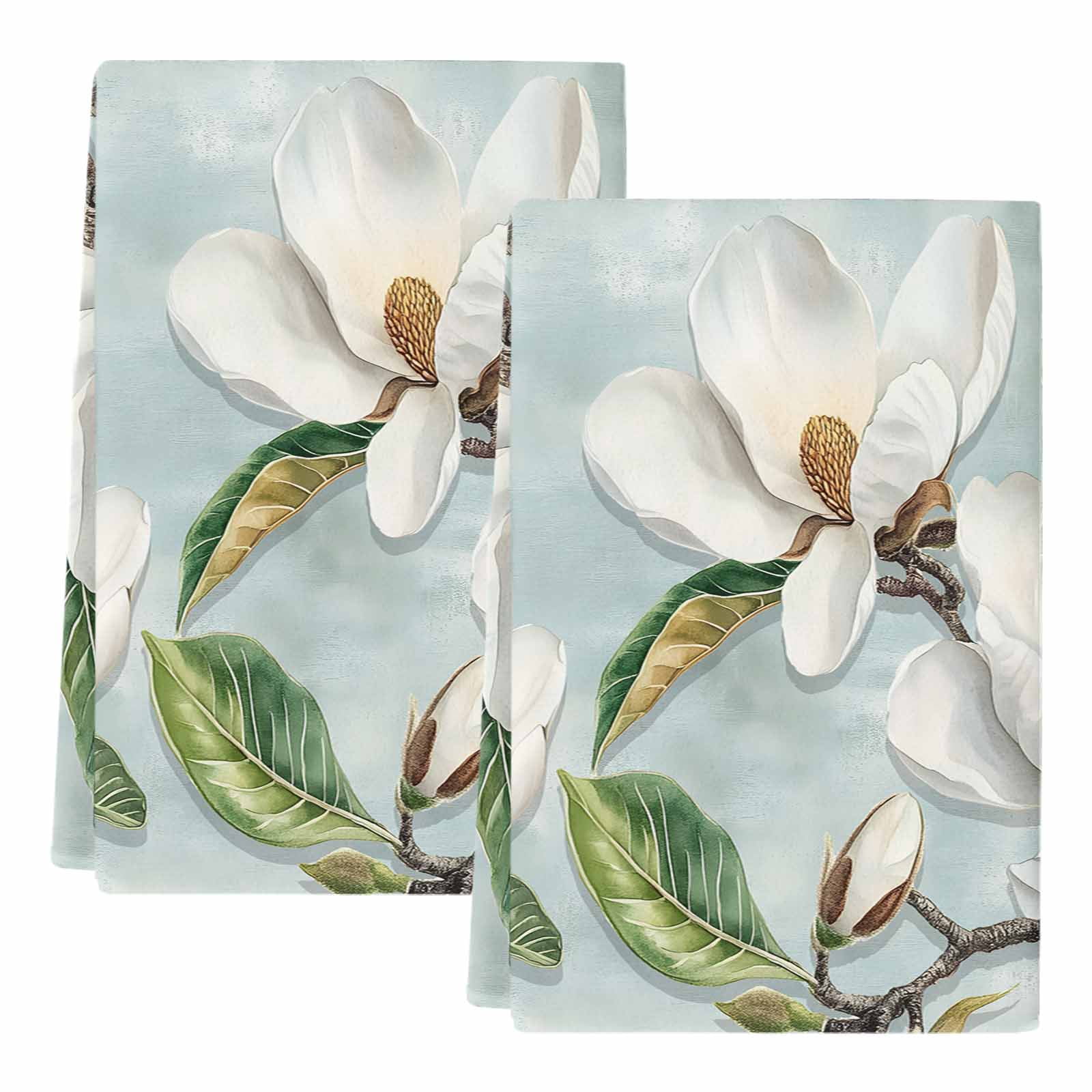 Botanical Flowers Kitchen Towels Set of 2, Country Magnolia Leaves ...