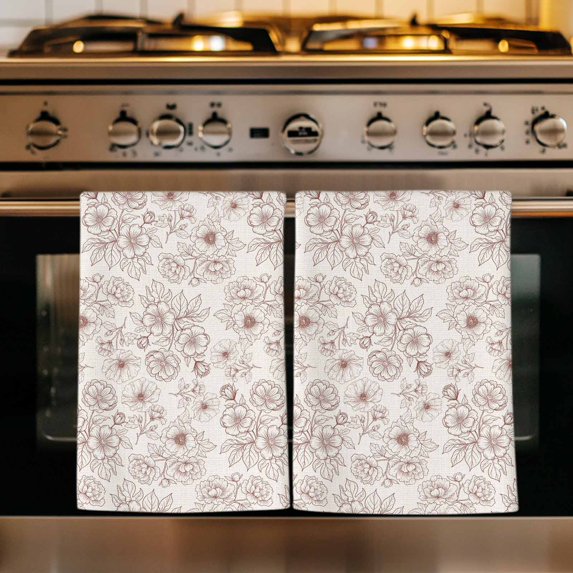 Botanical Flowers Kitchen Towels Set of 4, Country Vintage Red Floral Leaves Absorbent Dish Towels for Kitchen, Microfiber Hand Towel, Quick Drying Tea Towel for Cleaning Decorative Dishcloths
