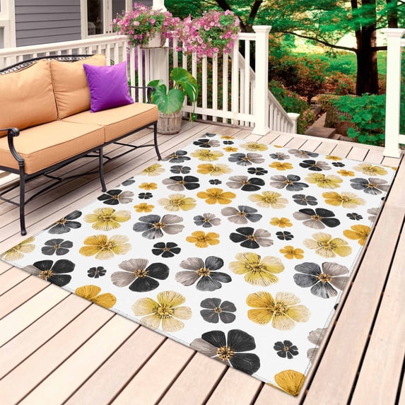 Botanical Flowers Outdoor Rug for Patio/Deck/Porch, Non-Slip Large Area Rug 5 x 8 Ft, Farmhouse Yellow Gray Floral Plants Indoor Outdoor Rugs Washable Area Rugs, Reversible Camping Rug Carpet Runner