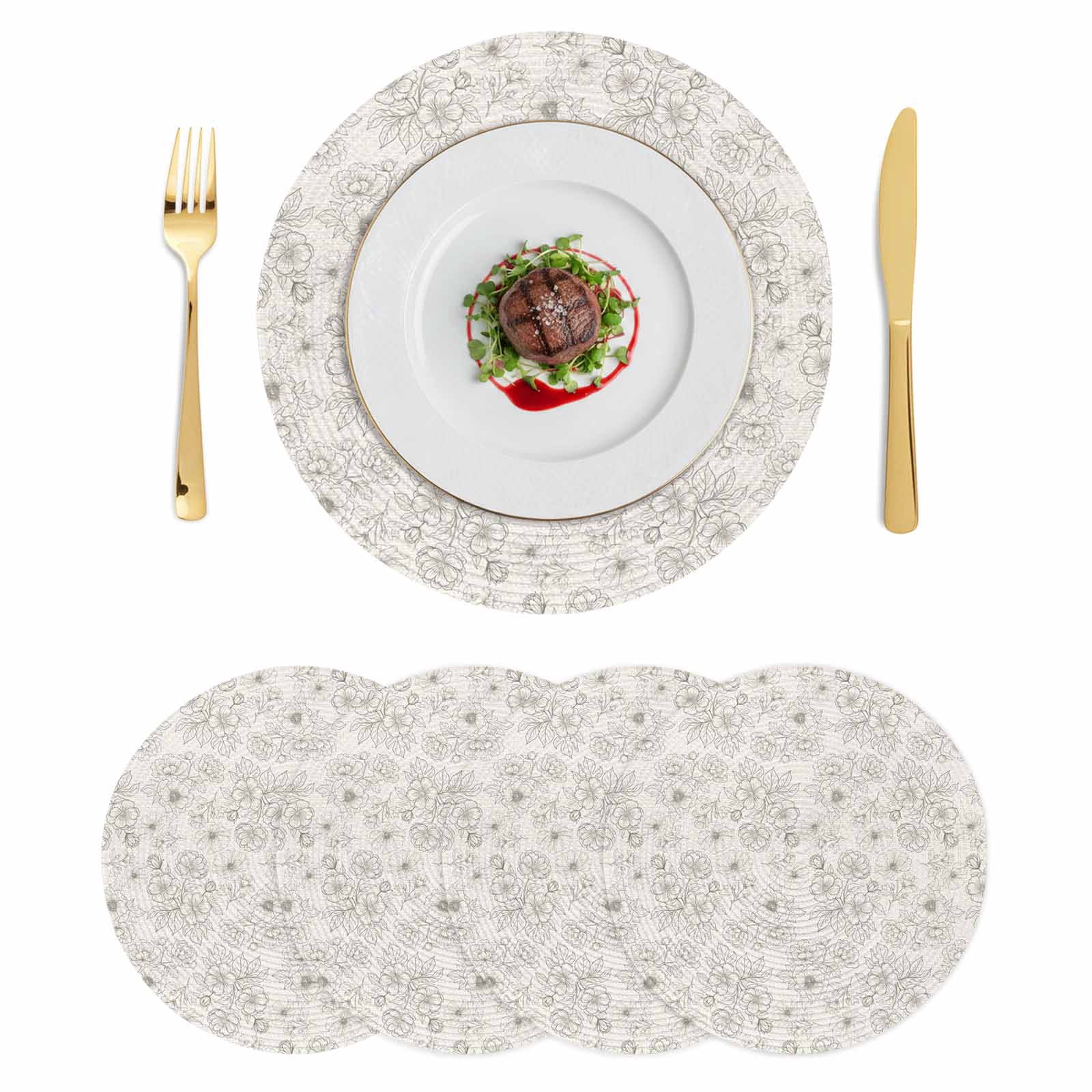 Botanical Flowers Round 13 Inch Placemats Set of 4, Country Chic Retro ...