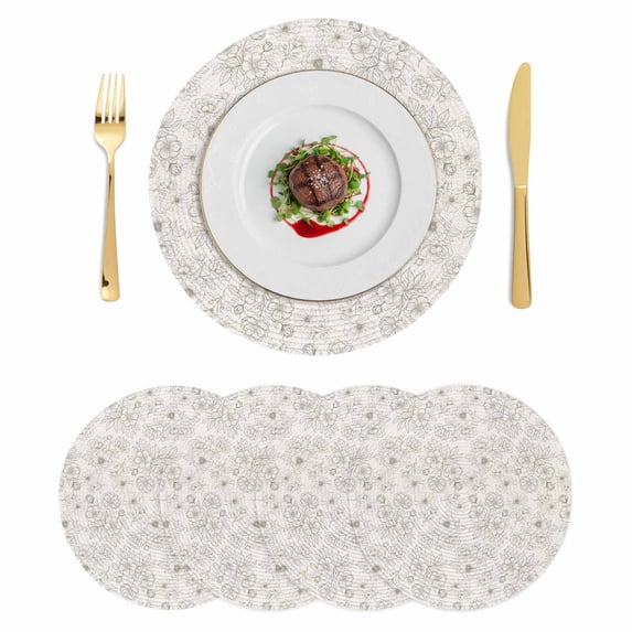 Botanical Flowers Round 13 Inch Placemats Set of 4, Country Chic Retro Floral Leaves Plants HeatResistant Non Slip Place Mats for Dining Table, Wipeable Braided Kitchen Table Mats for Housewarming