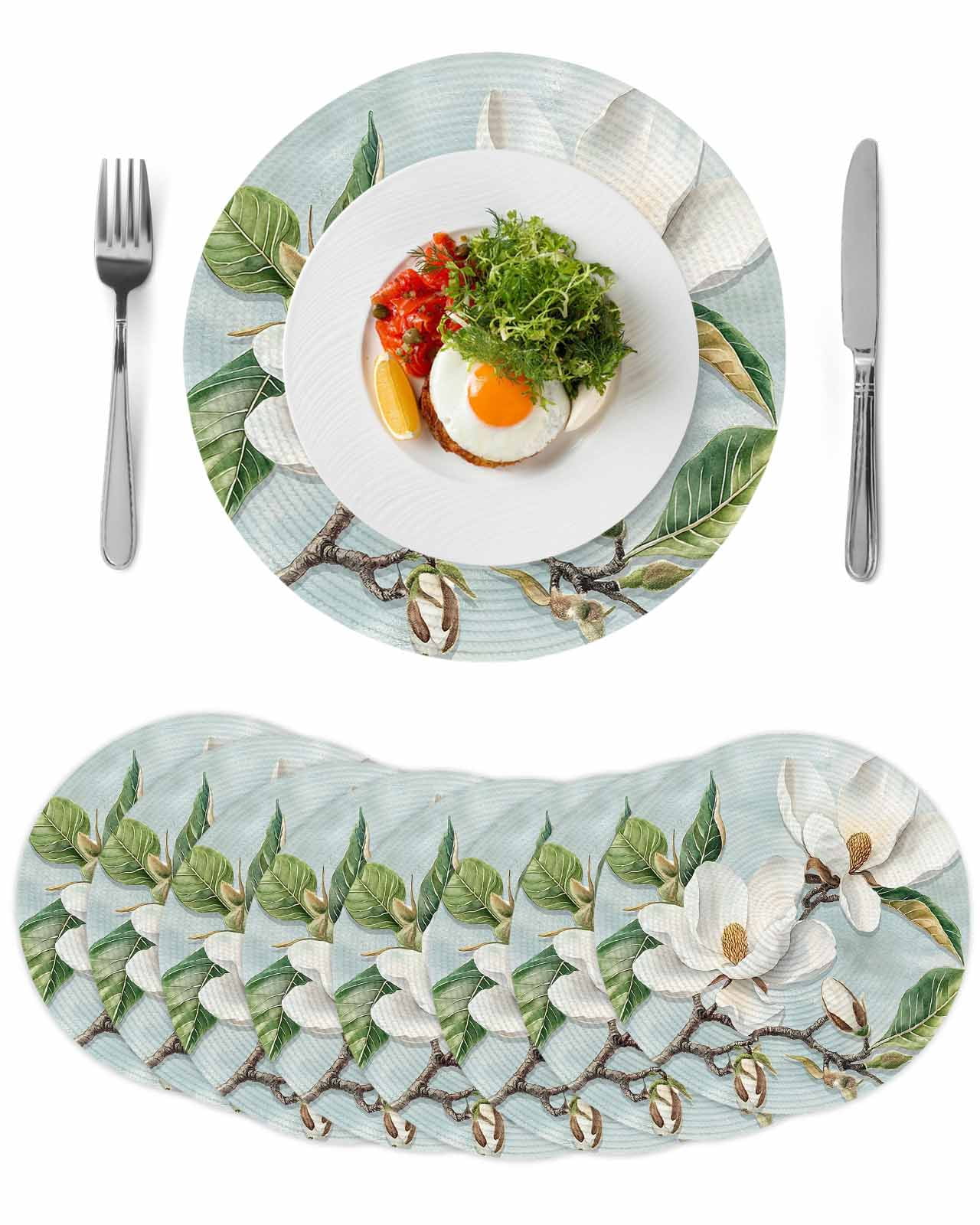 Botanical Flowers Round 13 Inch Placemats Set of 8, Country Magnolia ...