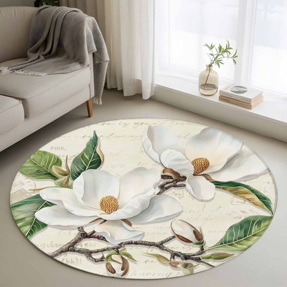 Botanical Flowers Round Area Rug 4 FT, Non Slip Indoor Outdoor Rug, Vintage Rustic White Floral Leaves Washable Soft Circular Carpet Non-Shedding Floor Mat for Coffee Table Nursery Foyer Balcony