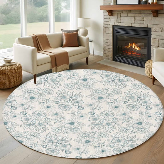 Botanical Flowers Round Area Rug 5Ft Washable Circle Rugs for Living Room Bedroom, Farmhouse Blue Floral Patterned Non-Slip Carpet Floor Mats Indoor Outdoor Carpet Runner Aesthetic Home Decor