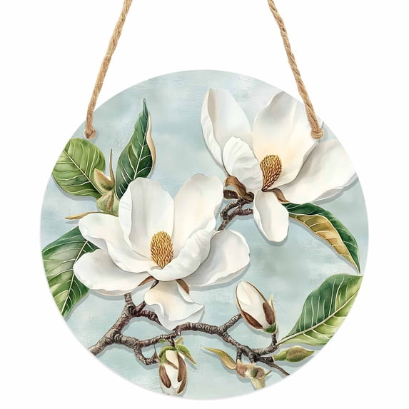 Botanical Flowers Round Front Door Welcome Sign, 7.8 Inch Wall Hanging Decor for Indoor Outdoor, Country Magnolia Leaves Branches Home Porch Hanger Decorations for Holiday Gift
