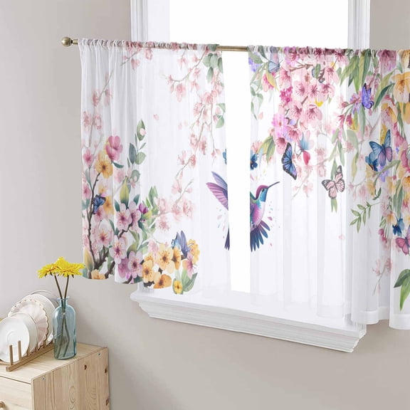 Botanical Flowers Sheer Curtains 54 Inches Length 2 Panels Set, Window Sheer Curtains for Living Room/Bedroom, Watercolor Floral Bird Butterfly Light Filtering Rod Pocket Curtain 52'' x 54'' x 2
