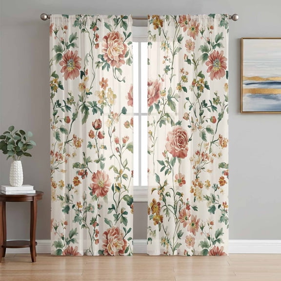Botanical Flowers Sheer Curtains 63 Inch Length 2 Panels Set, Vintage Country Pastoral Floral Vines Voile Window Treatment Rod Pocket Curtains Sheers Drapes for Bedroom/Living Room/Kitchen 52x"63"x2