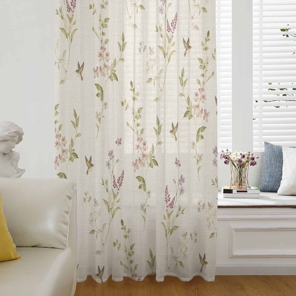 Botanical Flowers Sheer Curtains 63 Inch Length, Light Filtering Voile Curtain Panel, Country Spring Floral Leaves Vines Birds Rod Pocket Drapes Window Treatments for Living Room Bedroom 52"x63"