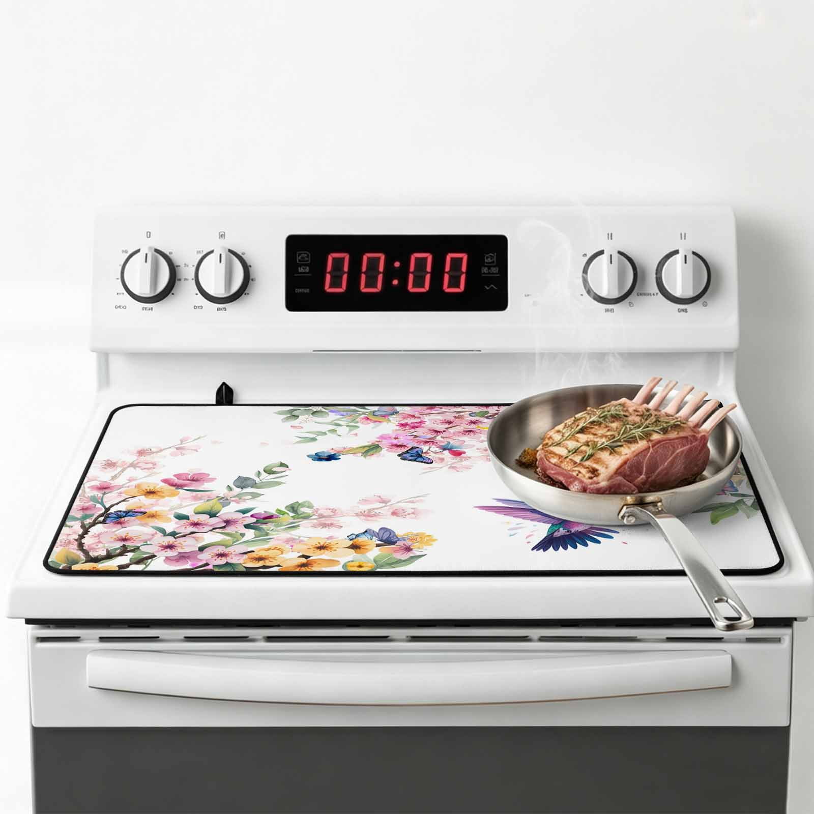 Botanical Flowers Stove Top Cover for Electric Stove, Heat-proof & Non Slip Glass Top Stove Cover Protector, Watercolor Floral Bird Butterfly Kitchen Flat Cooktop Rubber Mat 24x21 Inches