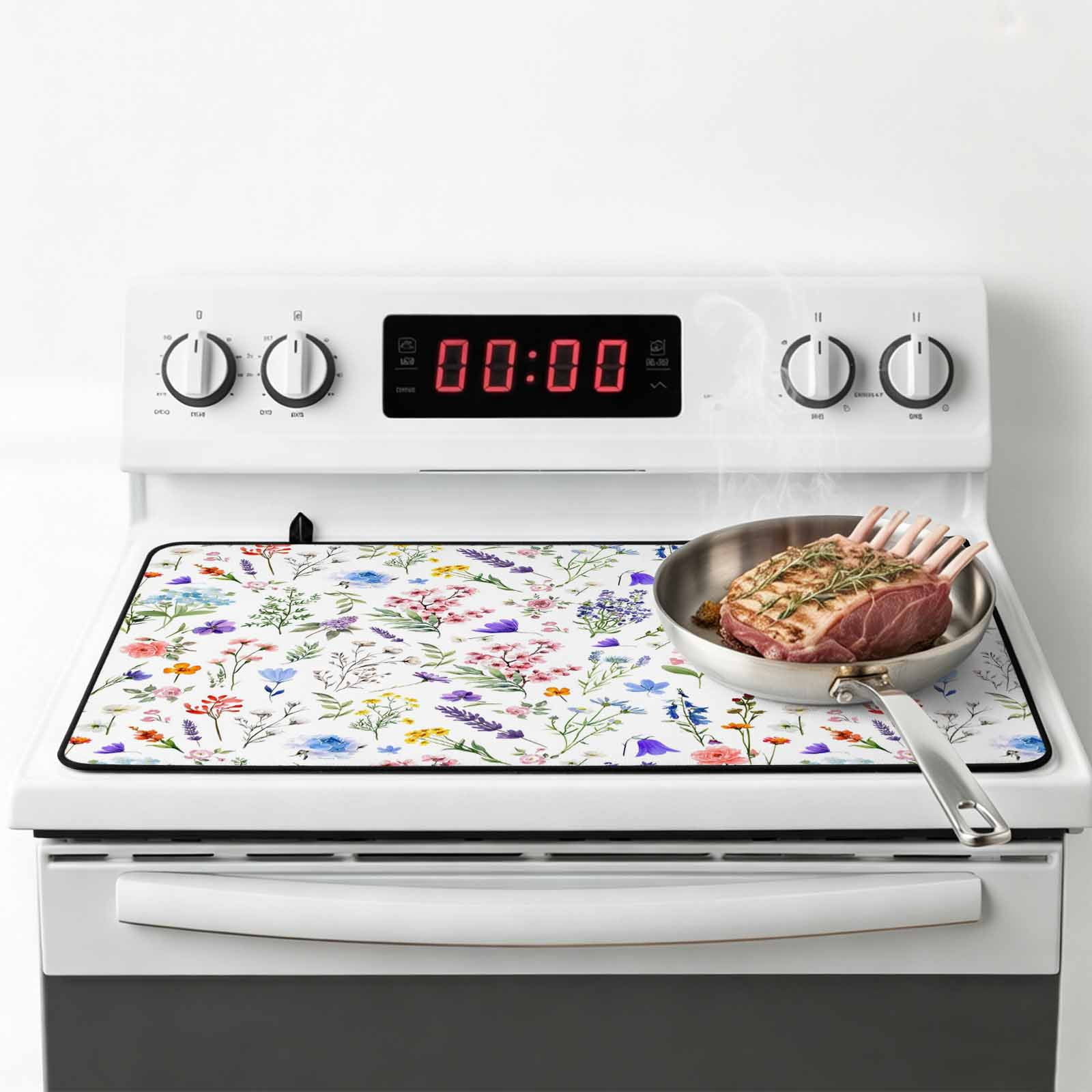 Botanical Flowers Stove Top Cover for Electric Stove, Heat-proof & Non Slip Glass Top Stove Cover Protector, Watercolor Floral Plants Country Kitchen Flat Cooktop Rubber Mat 24x21 Inches