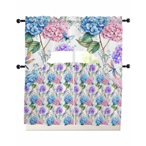 Botanical Flowers Swag Curtains for Living Room/Bedroom Windows, Spring Blue Pink Purple Floral Dragonfly Kitchen Curtains and Valances Set 36 Inch Length, Swags Valance Curtain Panels