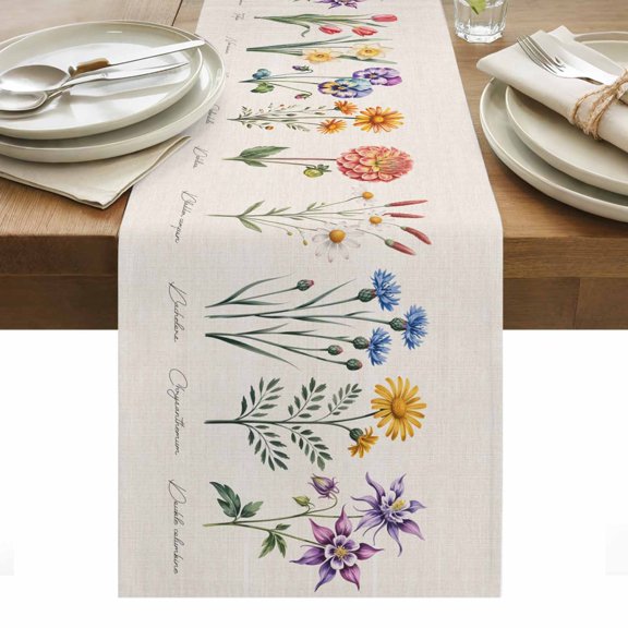 Botanical Flowers Table Runner - 36 Inch Long, Kitchen Dining Table Runner Dresser Scarves, Country Colorful Floral Illustration Farmhouse Decor for Coffee Tables Wedding Party Banquet