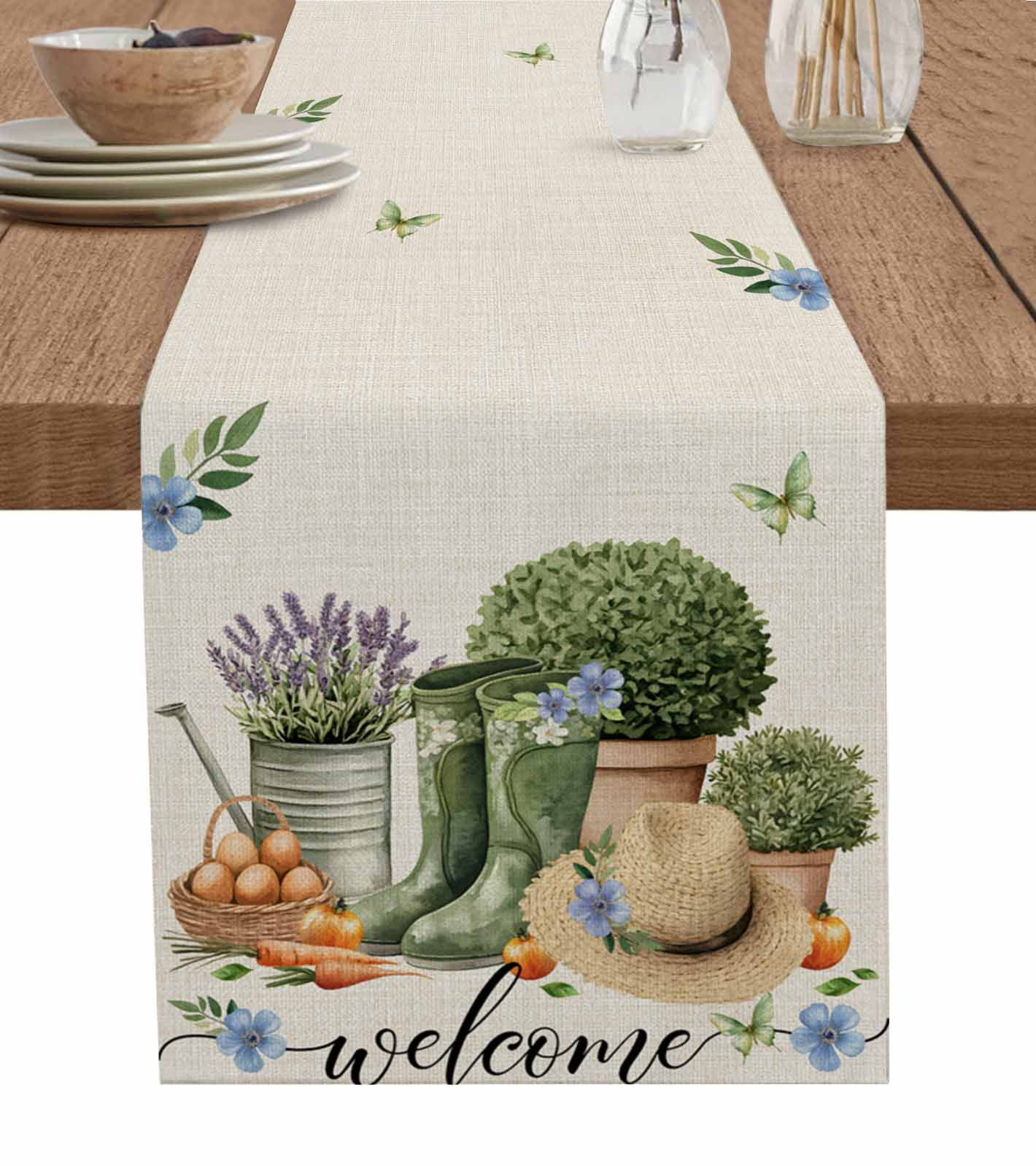 Botanical Flowers Table Runner 60 Inches, Butterfly Lavender Pastoral ...