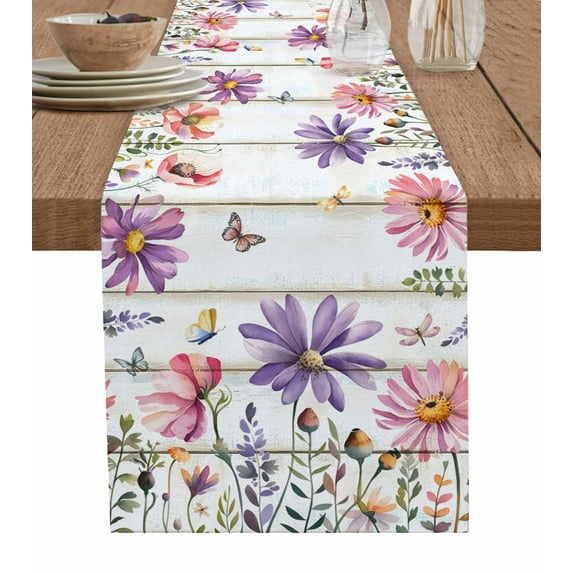 Botanical Flowers Table Runner Cotton Linen 48 Inch Holiday Dresser Scarves, Farmhouse Botanical Floral Butterfly Tablerunner for Kitchen Coffee Dining Bedroom Dinner Scarf Décor 13''x48''