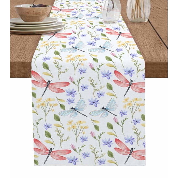 Botanical Flowers Table Runner Cotton Linen 90 Inch Holiday Dresser Scarves, Spring Pink Dragonfly Pastoral Tablerunner for Kitchen Coffee Dining Bedroom Living Room Dinner Scarf Décor 13''x90''