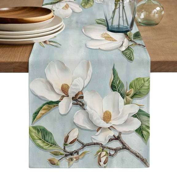 Botanical Flowers Table Runner, Country Magnolia Leaves Branches Washable Cotton Linen Table Runners 36 Inches Long, Dresser Scarf Runner for Nightstand/End Tables/Round Tables 13''x36''