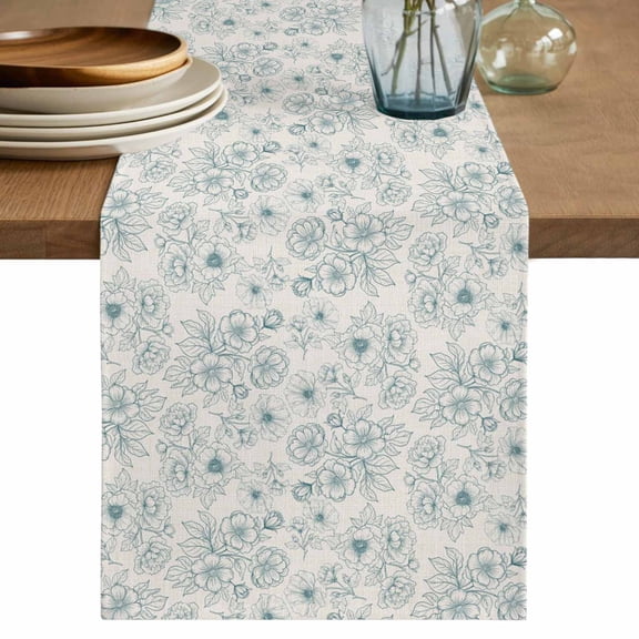 Botanical Flowers Table Runner, Farmhouse Blue Floral Patterned Washable Cotton Linen Table Runners 36 Inches Long, Dresser Scarf Runner for Nightstand/End Tables/Round Tables 13''x36''