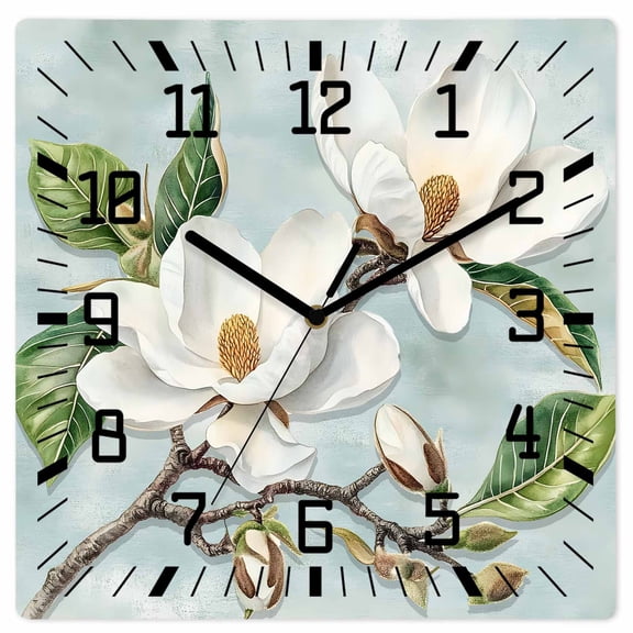 Botanical Flowers Wooden Wall Clock Silent Non Ticking, Country Magnolia Leaves Branches Square Wall Clocks Battery Operated, Decor Clock for Home Office, Living Room, Kitchen, 10 Inch