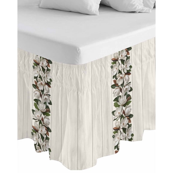 Botanical Flowers Wrap Around Bed Skirts for King Bed 18" Drop,Bed Skirt with Adjustable Elastic Belt Dust Ruffle Bed Valance for Bedroom Hotel Farmhouse Floral Beige Wooden Grain Bed Frame Cover