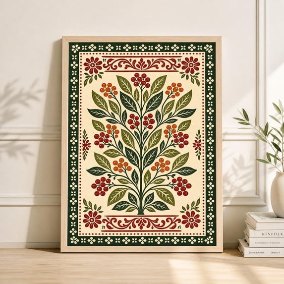Botanical Folk Art Vintage Floral Tree Illustration With Border Poster , Poster Print Only ...