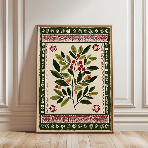 Botanical Folk Art Vintage Floral Tree Red Border Nature Decor Unframed Paper Print